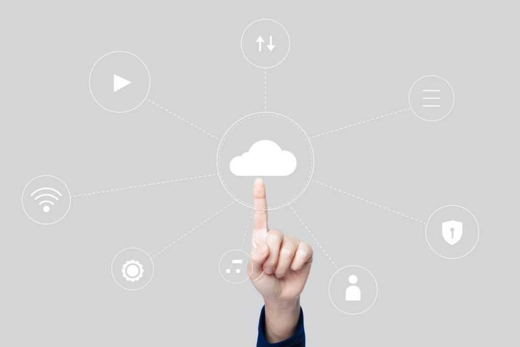 Person clicking on cloud and gaining access to multiple IT tools. Backup & Disaster Recovery.