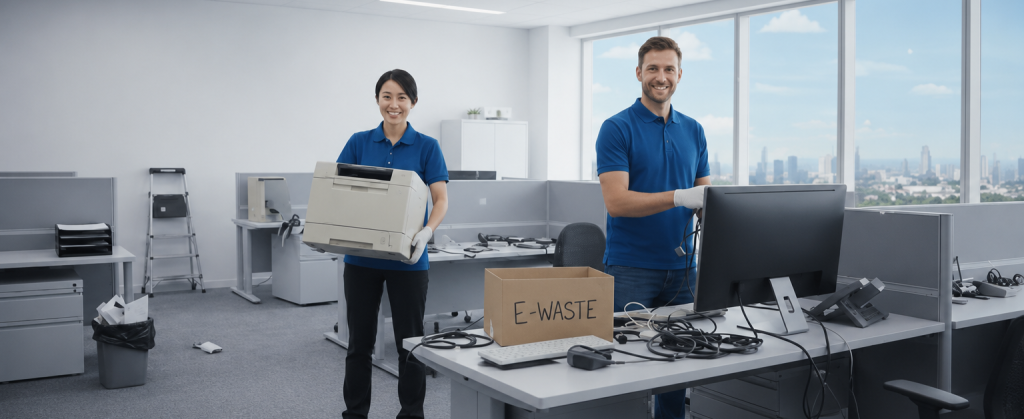 Technicians collecting office e-waste for proper e-waste disposal
